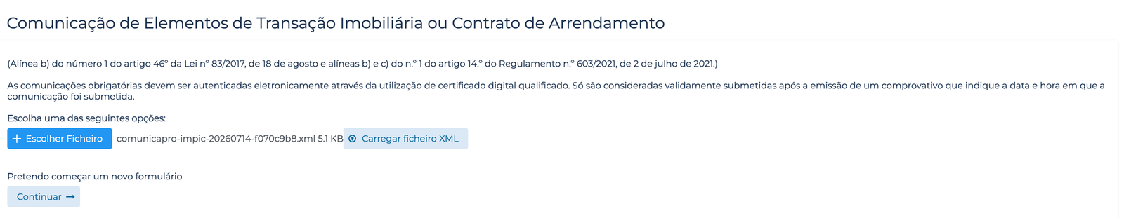 Ecrã de entrada do portal do IMPIC: botão "Escolher Ficheiro" e "Carregar ficheiro XML" para importar o XML, ou "Continuar" para começar um novo formulário.
