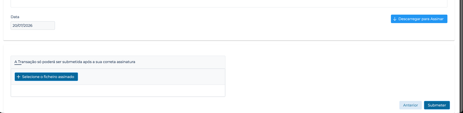 Ecrã final do portal: campo "Data", botão "Descarregar para Assinar" e o bloco "Selecione o ficheiro assinado" com o botão "Submeter".